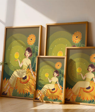 Elegant illustration of a woman on sunflowers with glowing orb
