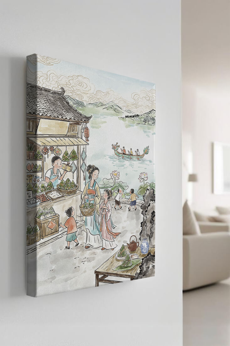 Traditional Chinese Market Scene with Dragon Boat on River