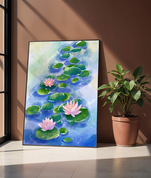 Escena acuática serena con flores de loto rosadas y hojas de nenúfar sobre una superficie de agua tranquila
