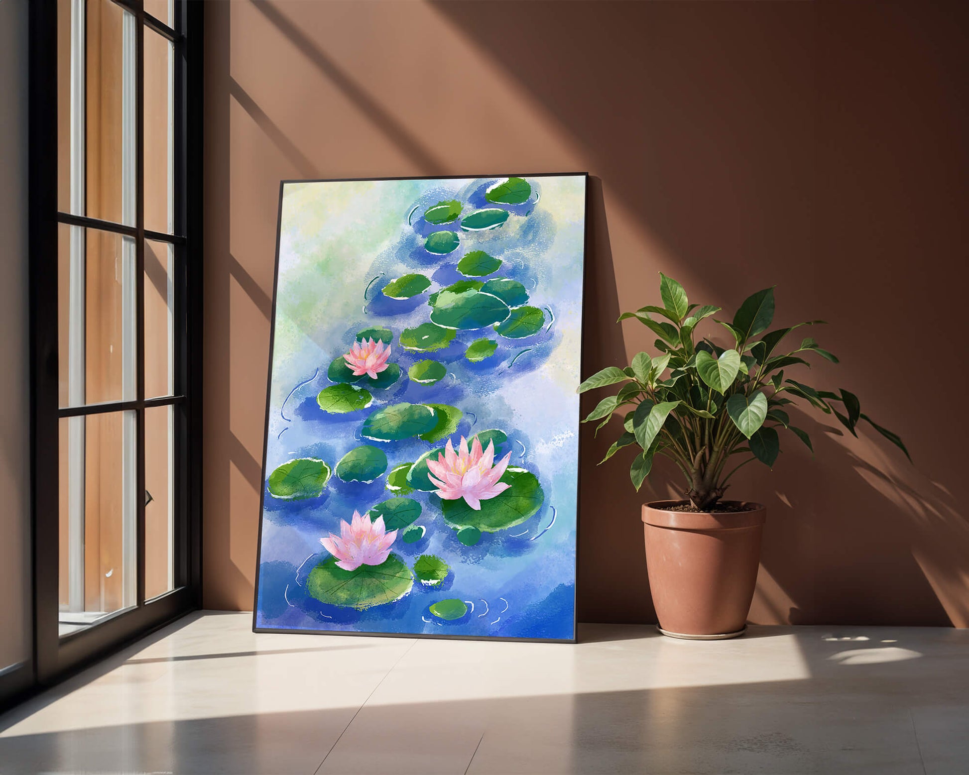 Escena acuática serena con flores de loto rosadas y nenúfares sobre una superficie de agua tranquila.
