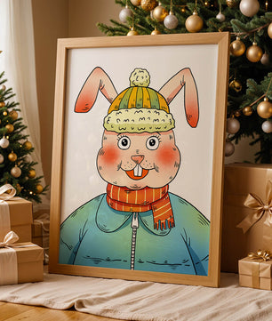 Charmantes Cartoon-Häschen mit Winteroutfit und verspieltem Ausdruck