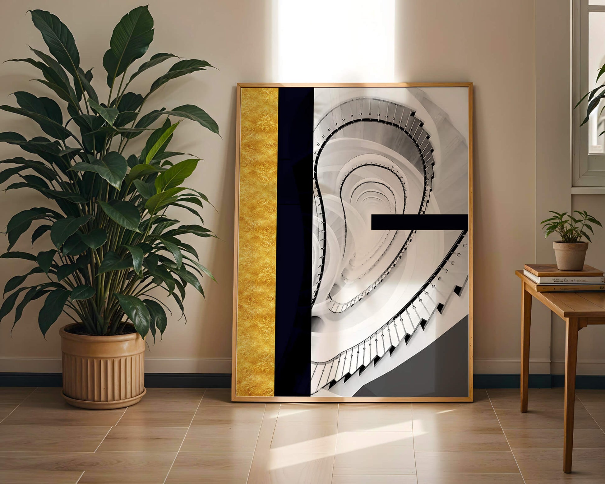 Abstract spiral staircase with a gold accent design