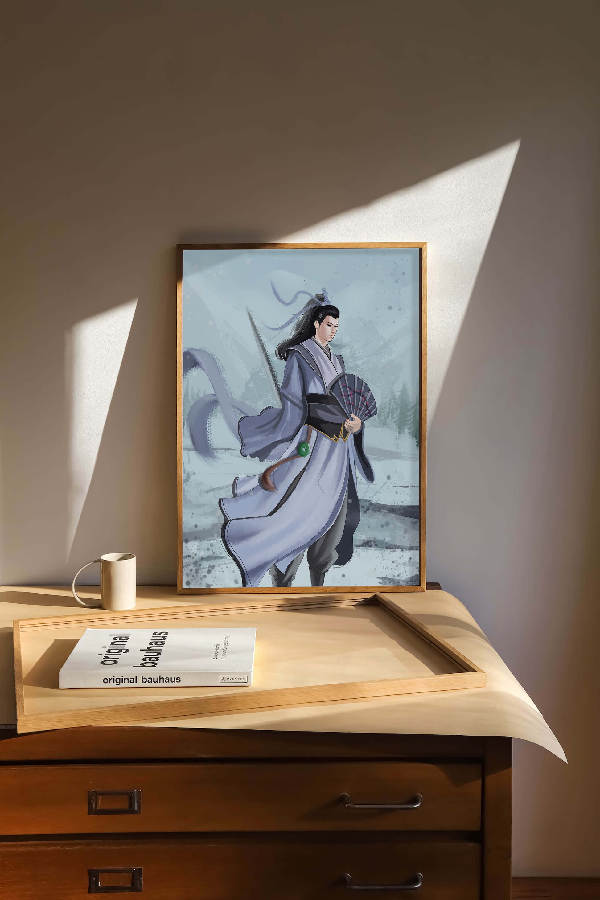 Elegant warrior in traditional attire with flowing robes and fan