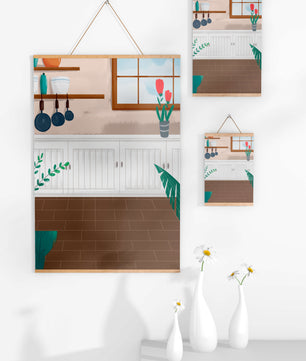 Cozy kitchen interior with wooden accents and potted plants