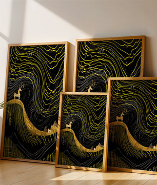 Ciervo dorado y paisaje montañoso abstracto con líneas onduladas