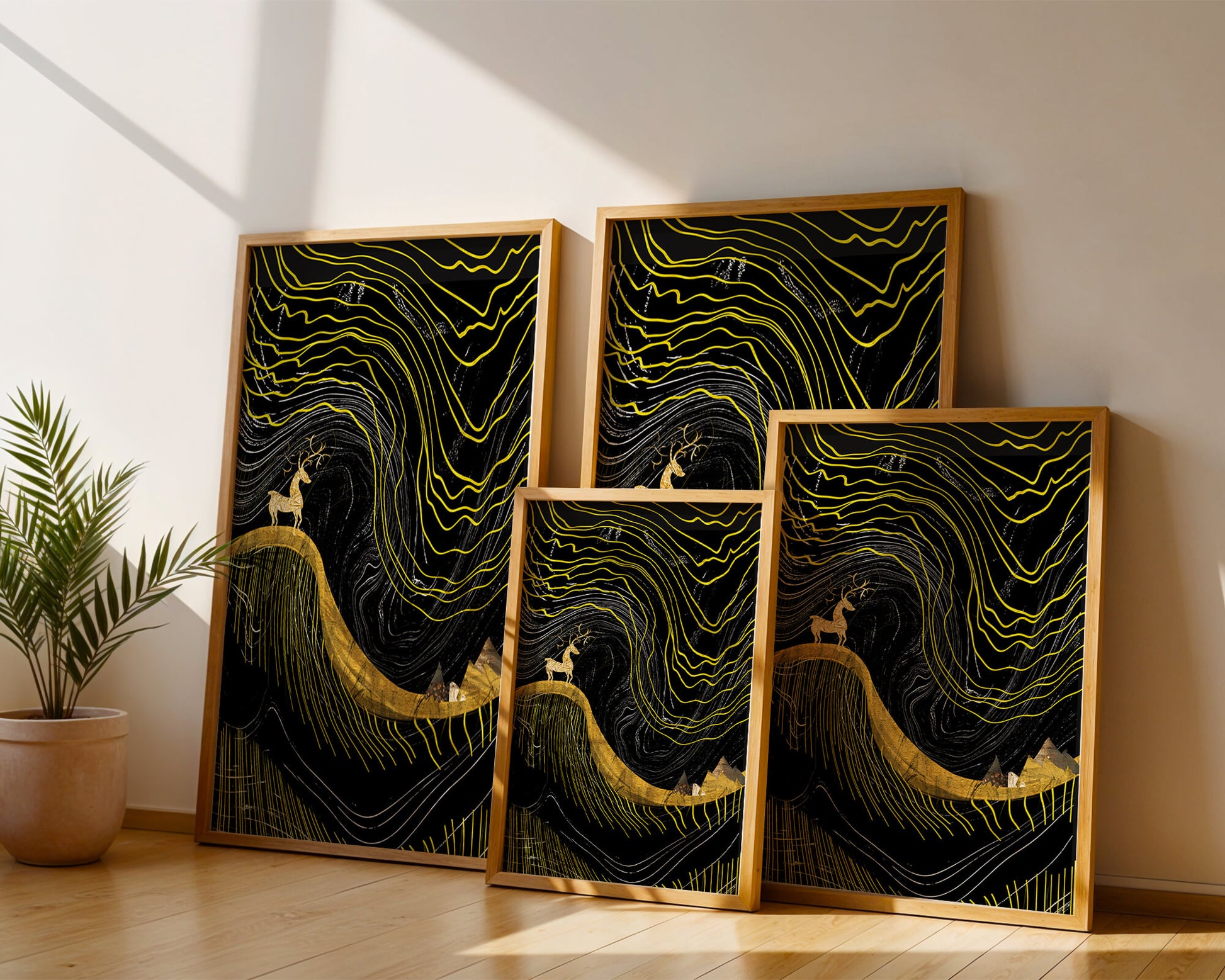 Ciervo dorado y paisaje montañoso abstracto con líneas onduladas