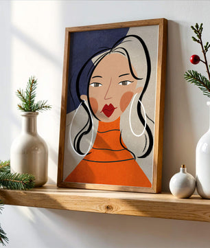 Colorful abstract portrait featuring a woman with red lips and hoop earrings on textured background - Mi tienda