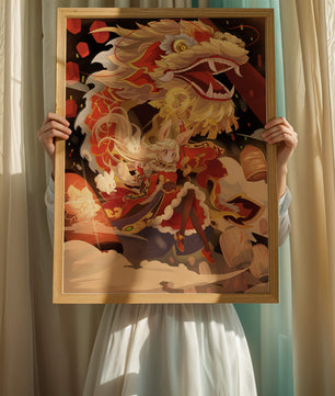 Personnage dynamique avec dragon et lanternes dans une œuvre d'art animée et vibrante