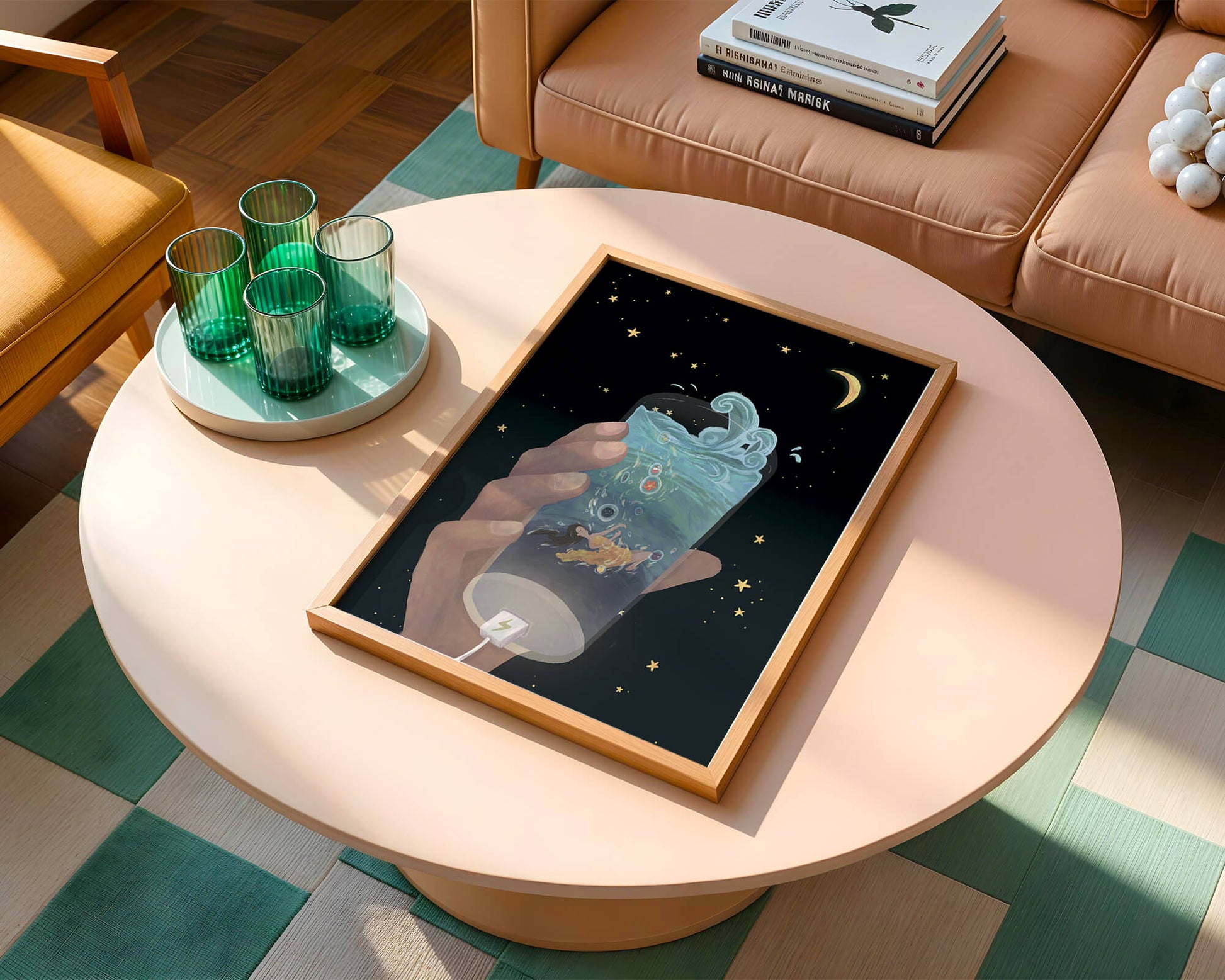 Abstract night sky scene with hand holding a glass of swirling water