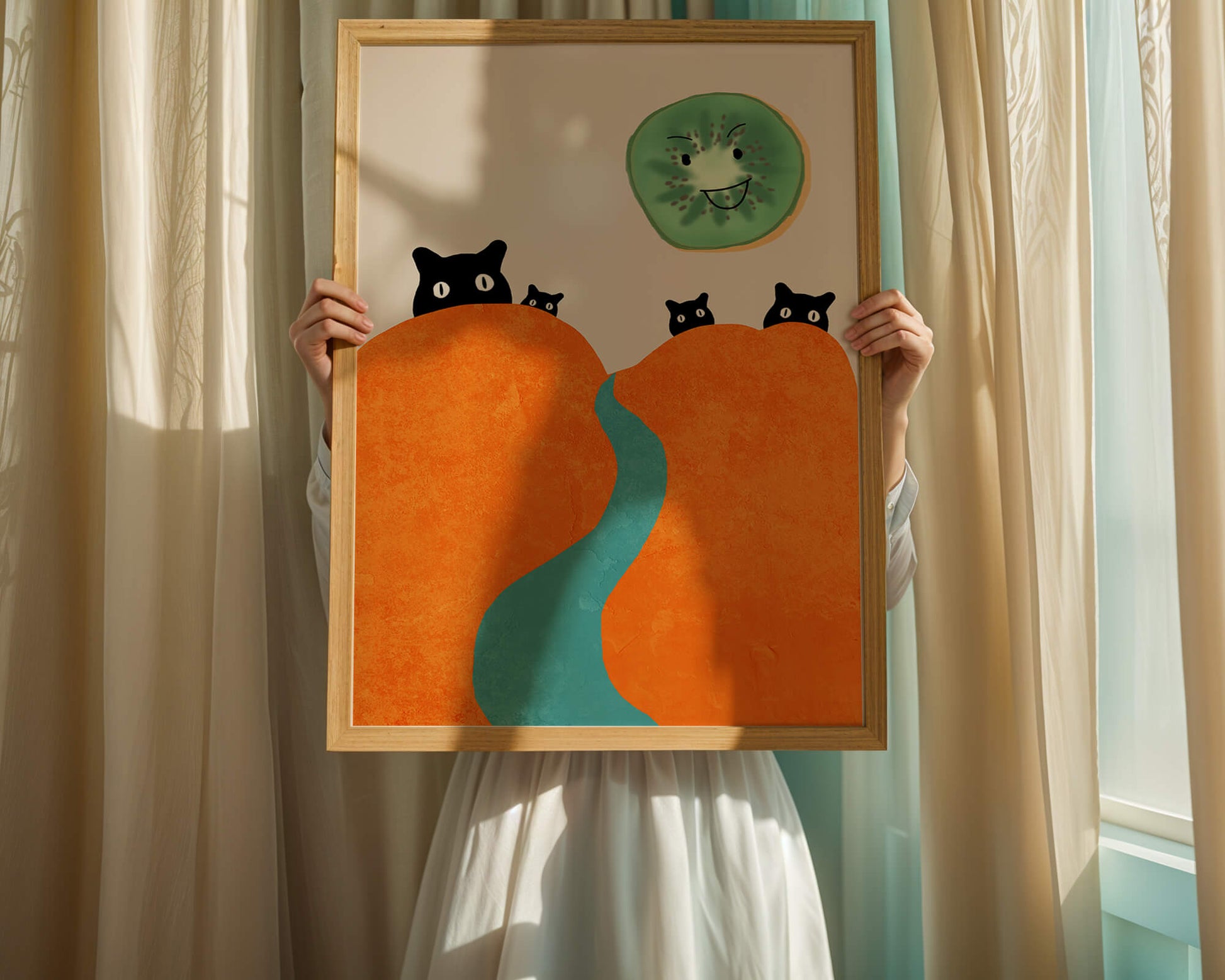 Playful Cats and Smiling Kiwi in Vibrant Hills