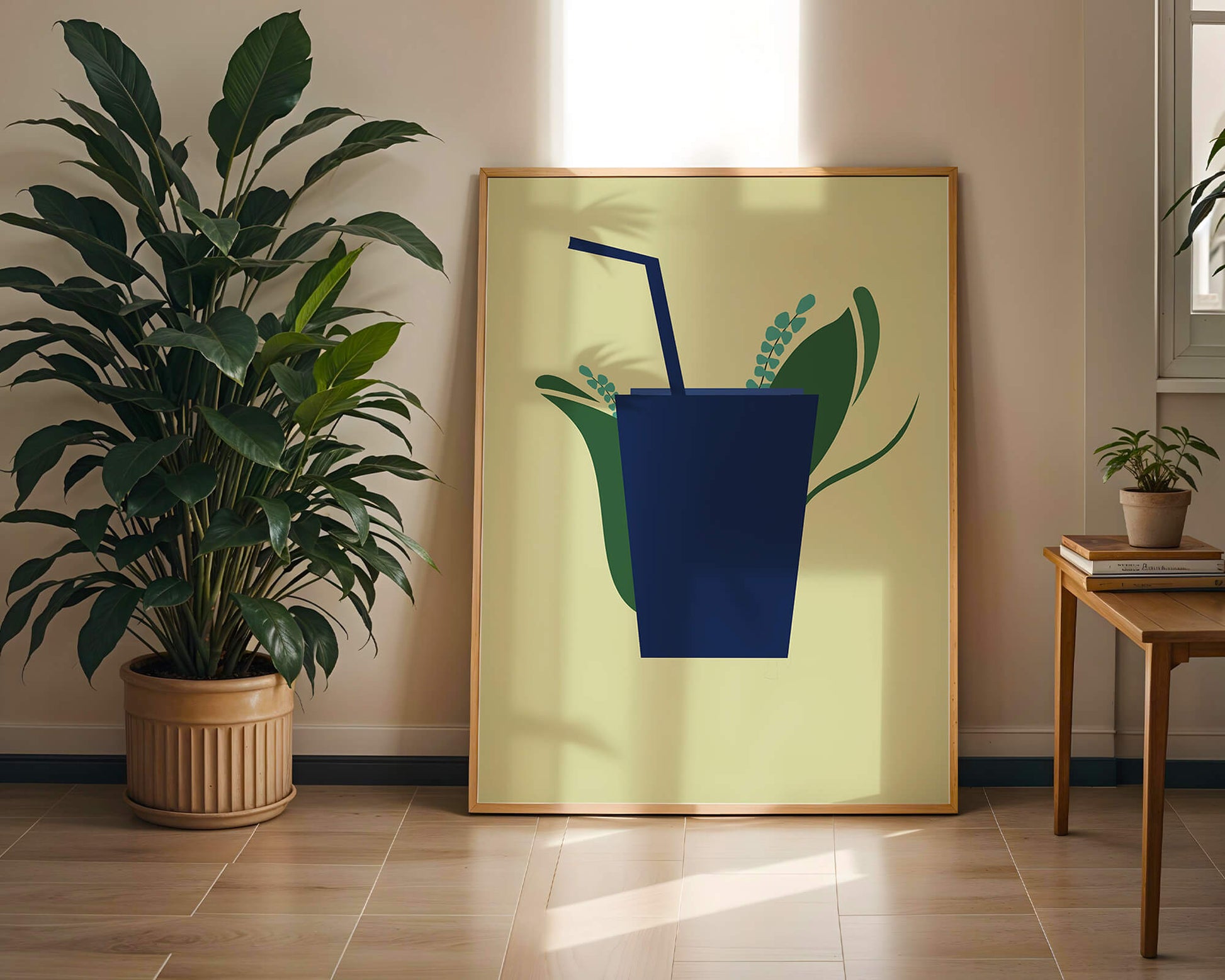 Modern cafe drink illustration with botanical elements