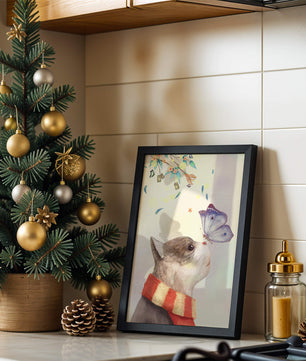 Cat Staring at Butterfly with Floral Elements - Mi tienda