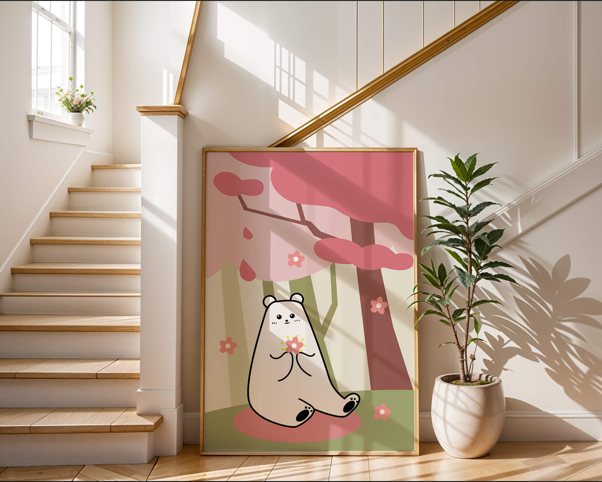 Charming bear holding flower under cherry blossom tree