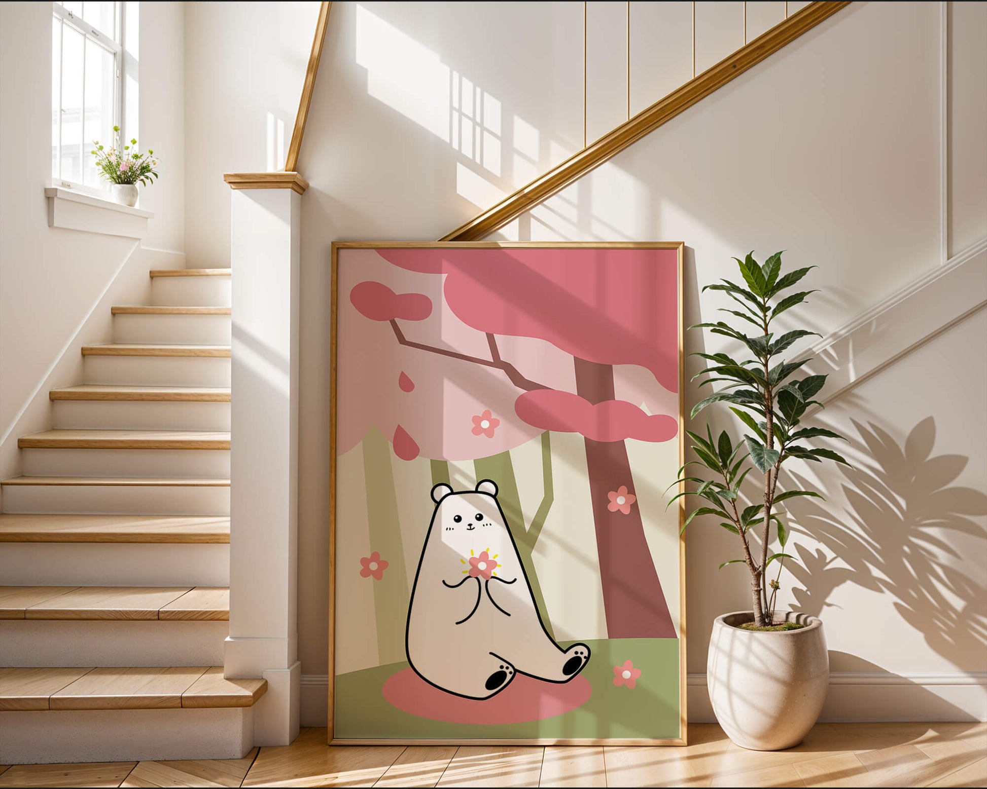 Charming bear holding flower under cherry blossom tree