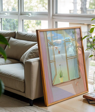 Tranquil open window with floral view and gentle sunlight