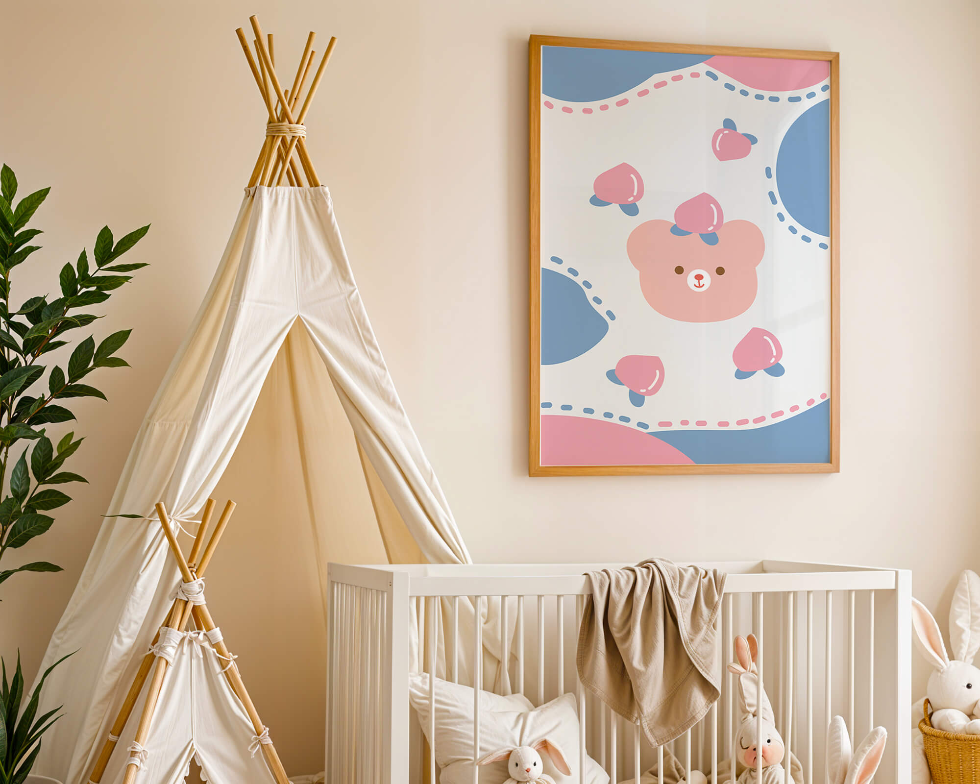 Adorable pastel bear with peaches and dotted background