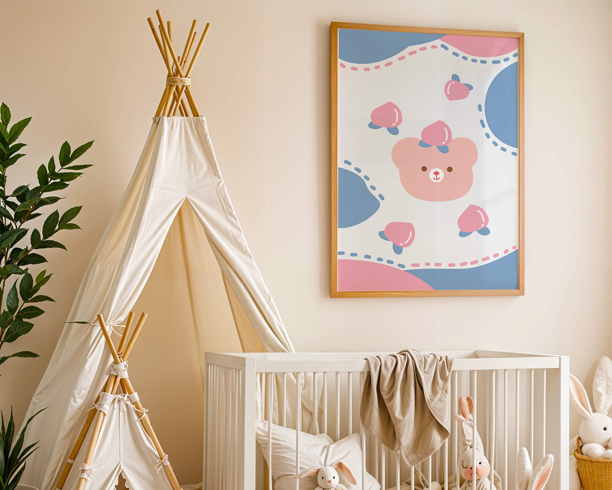 Adorable pastel bear with peaches and dotted background