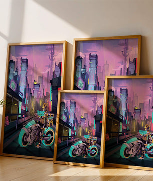 Futuristic Cyberpunk Cityscape with Neon Rider and Motorcycle