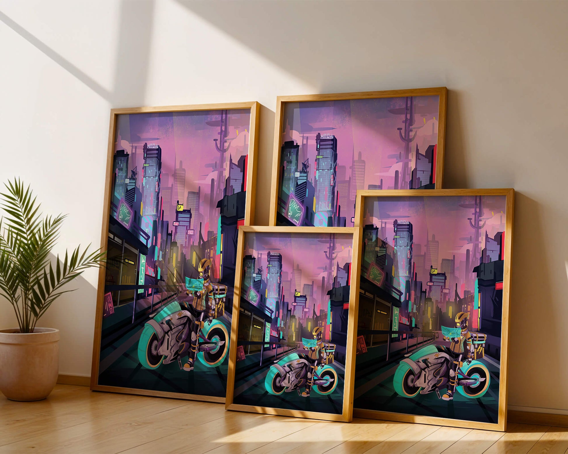 Futuristic Cyberpunk Cityscape with Neon Rider and Motorcycle