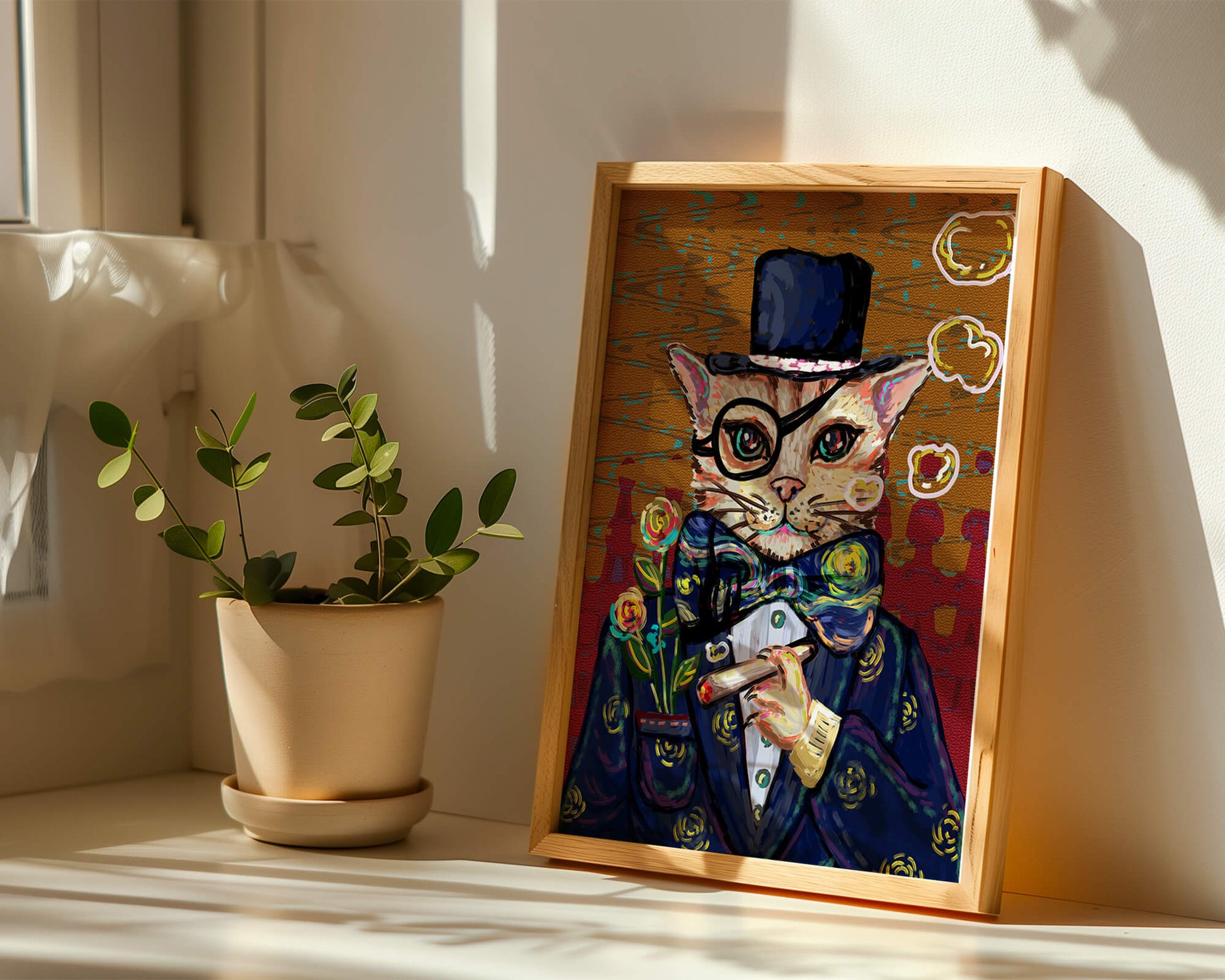 Skurriles Porträt einer Katze in Anzug und Zylinder mit Vintage-Flair