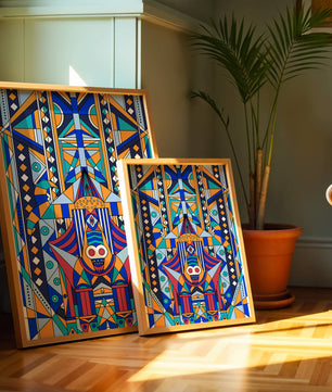 Arte tribal abstracto geométrico con patrones simétricos en azul y naranja