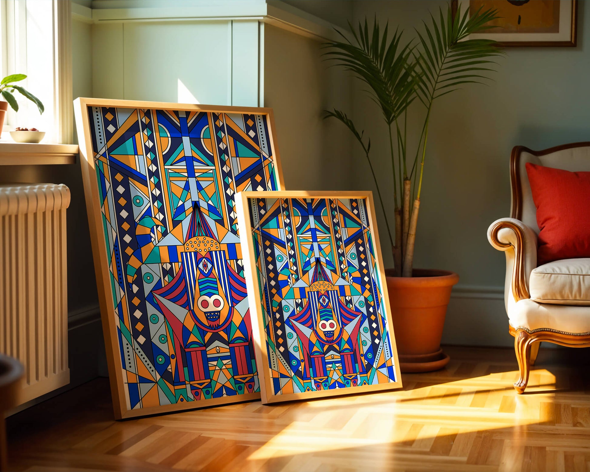 Arte tribal abstracto geométrico con patrones simétricos en azul y naranja