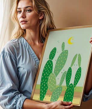 Desert cactus illustration with crescent moon