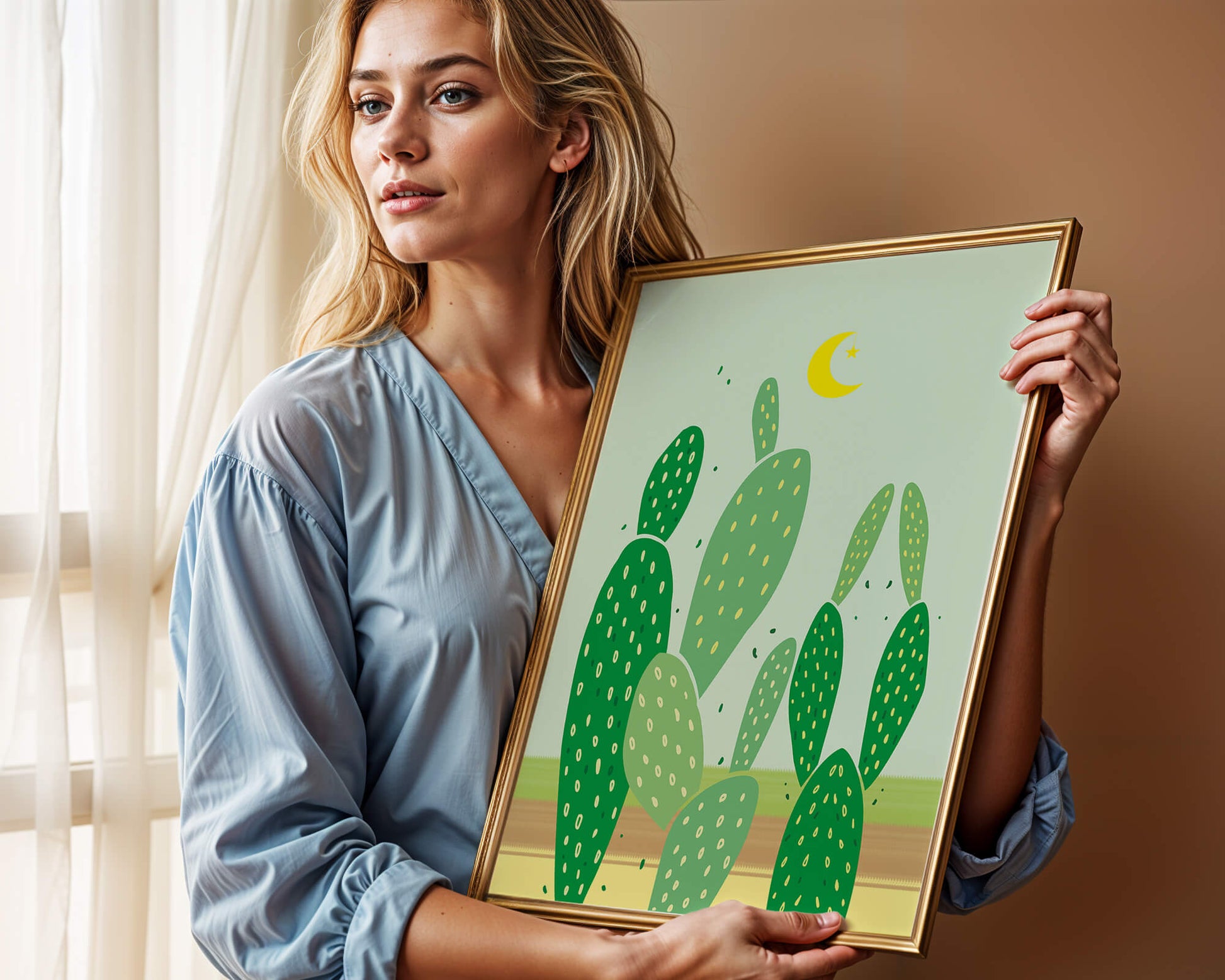 Desert cactus illustration with crescent moon