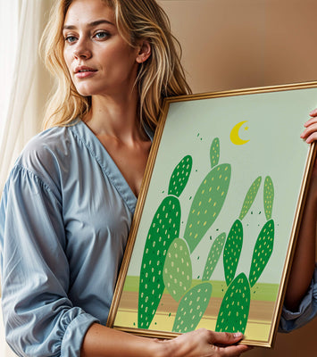 Desert cactus illustration with crescent moon