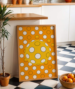 Colorful geometric pattern with white polka dots on orange background