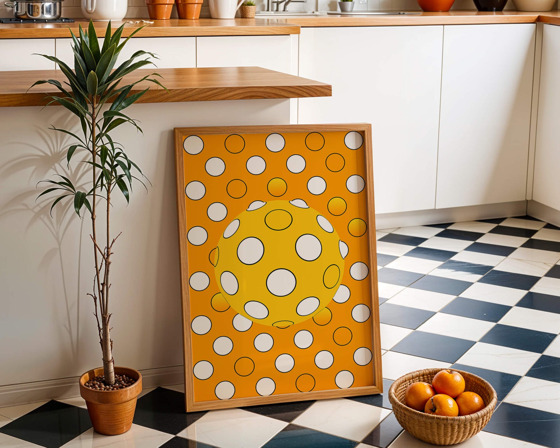 Colorful geometric pattern with white polka dots on orange background
