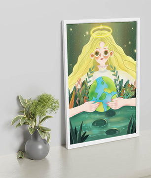 Illustration de la nature paisible avec une figure céleste tenant la Terre