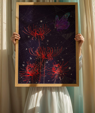 Vivid Night Sky with Red Spider Lilies and Purple Butterfly - Mi tienda
