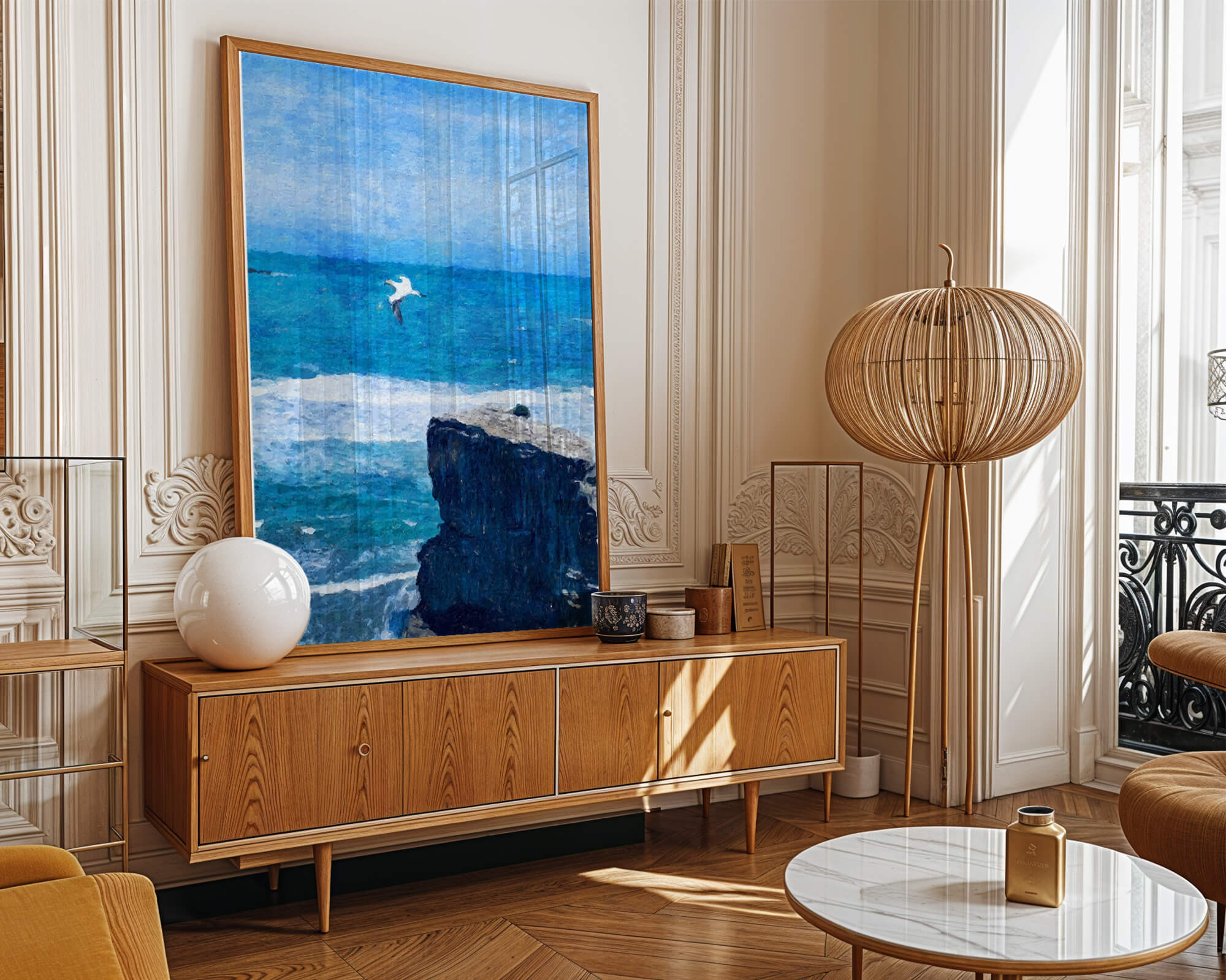 Seascape with soaring seagull over rocky cliff and ocean waves
