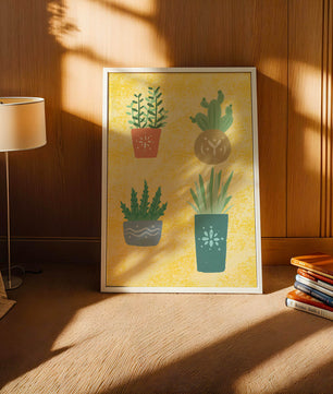 Illustrated potted plants on textured yellow background