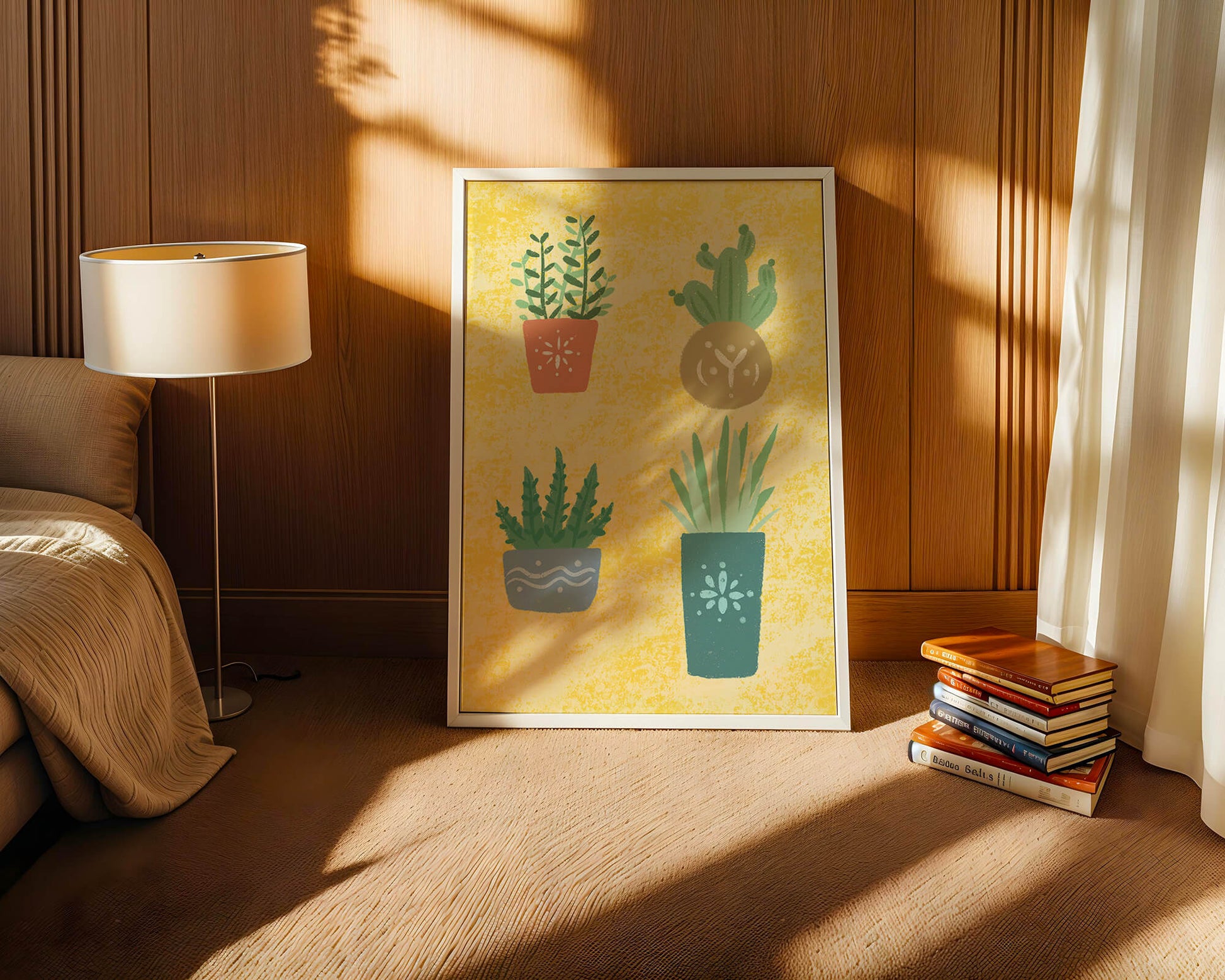 Illustrated potted plants on textured yellow background