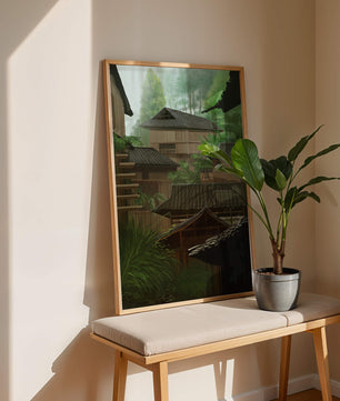 Traditional Japanese Architectural Scene with Lush Greenery