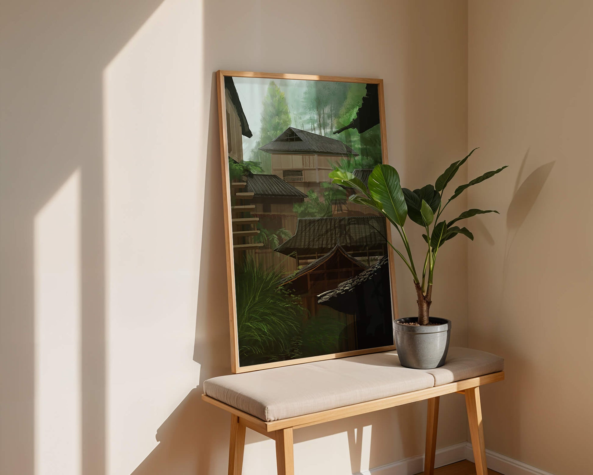 Traditional Japanese Architectural Scene with Lush Greenery