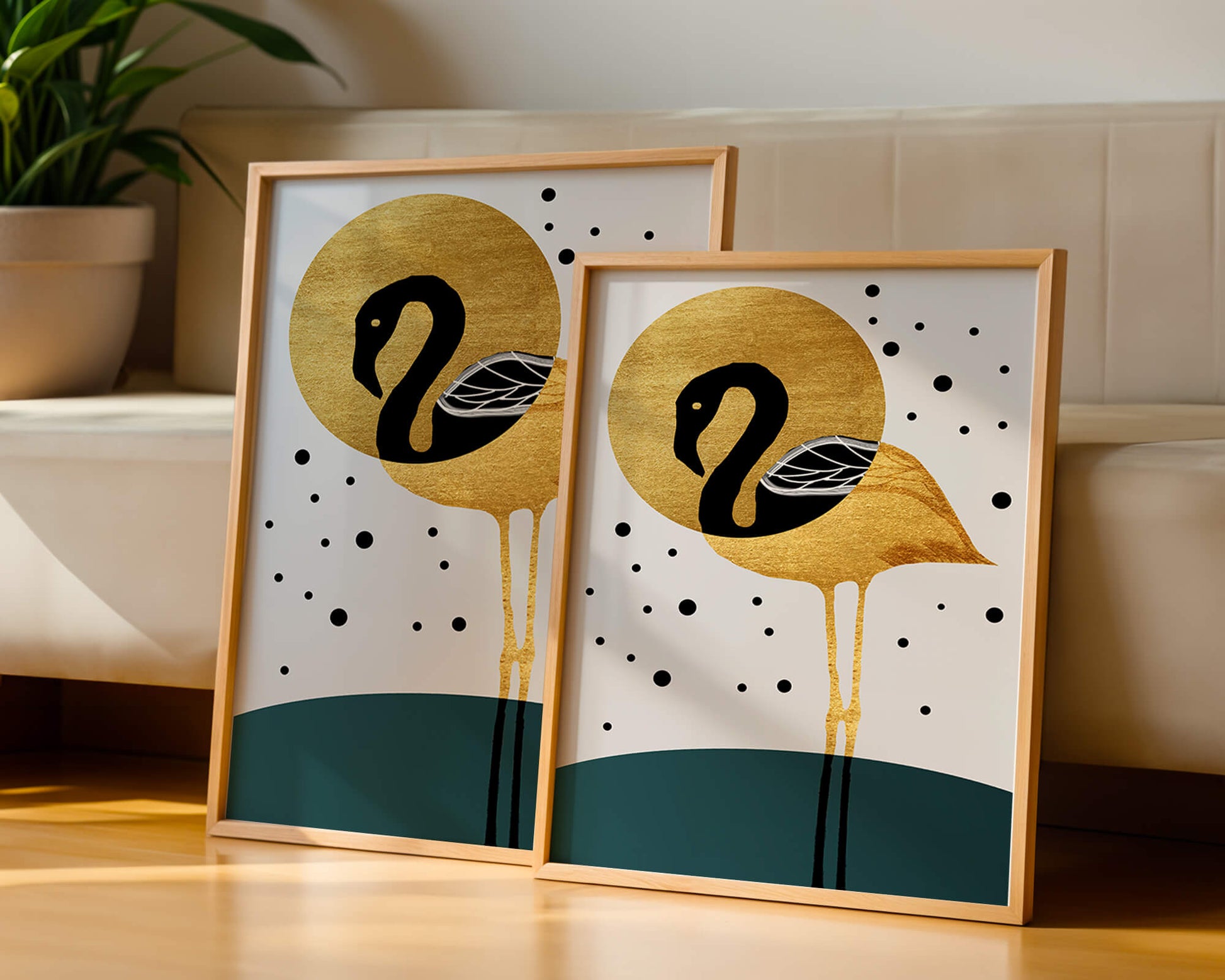 Elegante ilustración de flamenco dorado y negro con elementos de puntos abstractos