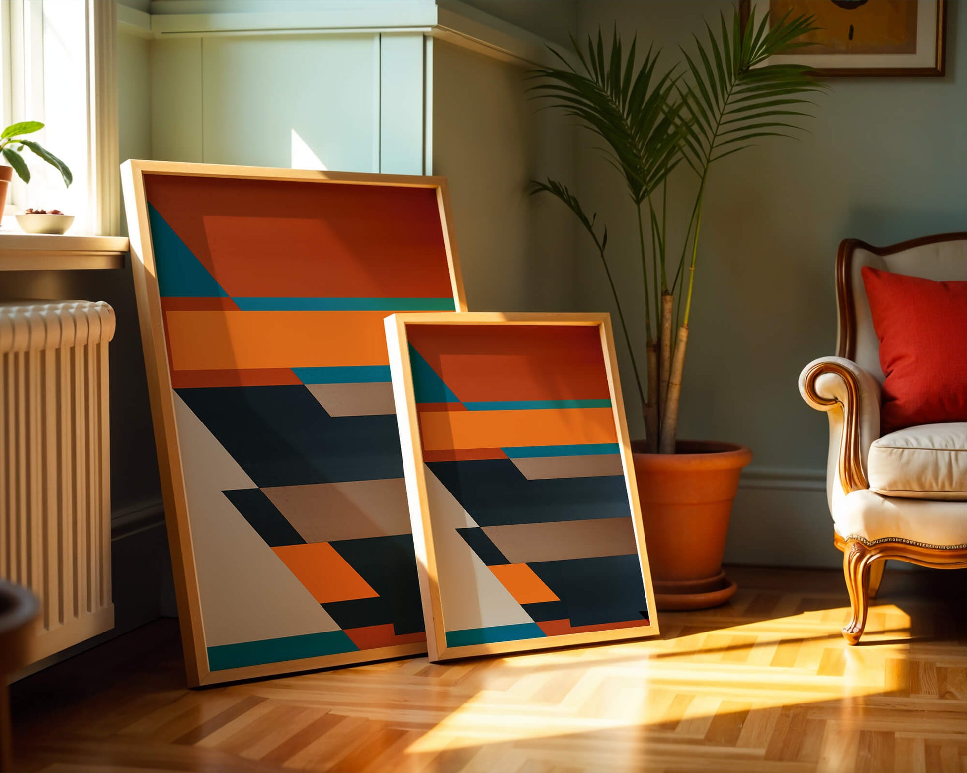 Arte abstracto geométrico con colores llamativos y formas dinámicas
