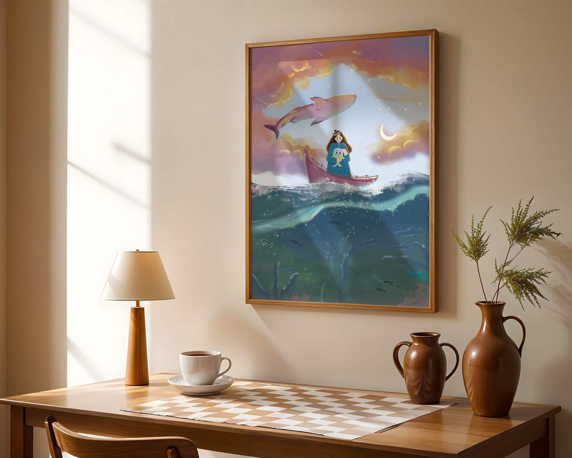 Whimsical illustration of a girl on a boat with a flying whale