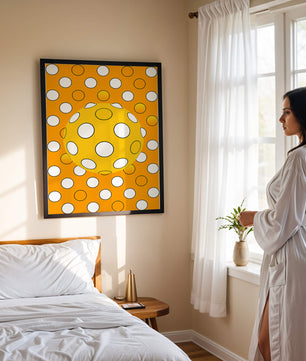 Colorful geometric pattern with white polka dots on orange background