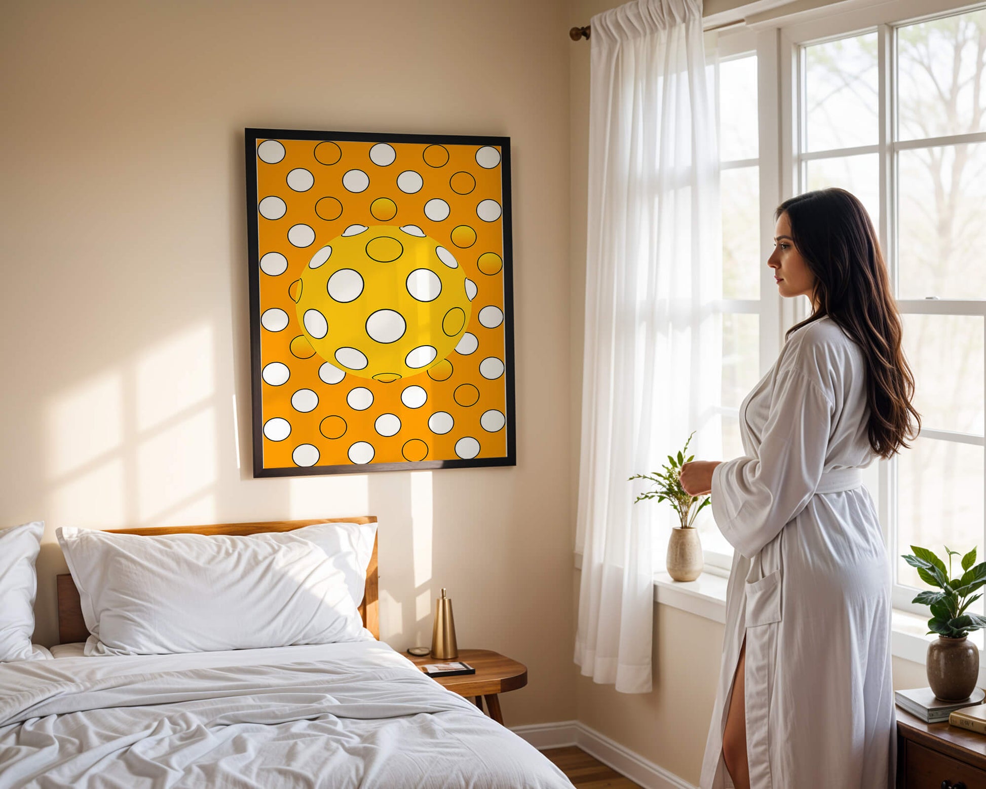 Colorful geometric pattern with white polka dots on orange background