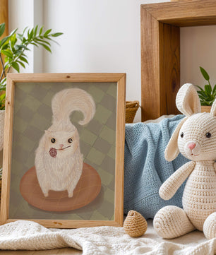 Illustration of fluffy cat with rose on a cushion