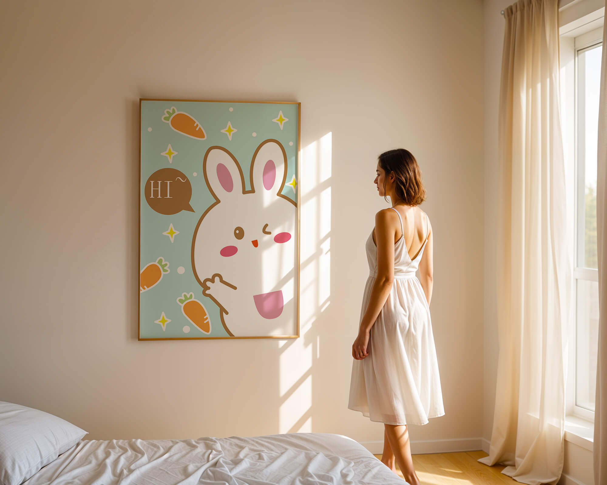 Playful cartoon bunny with carrots and stars on teal background