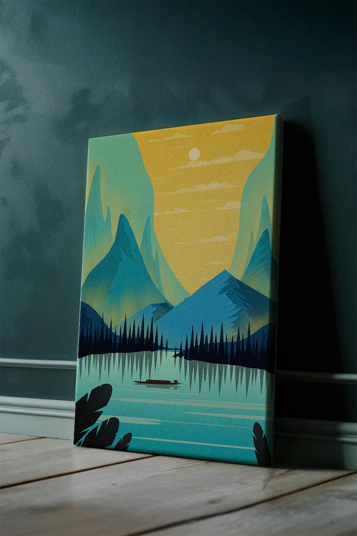 Serene lake landscape with mountains and sunset