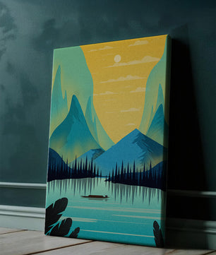 Serene lake landscape with mountains and sunset