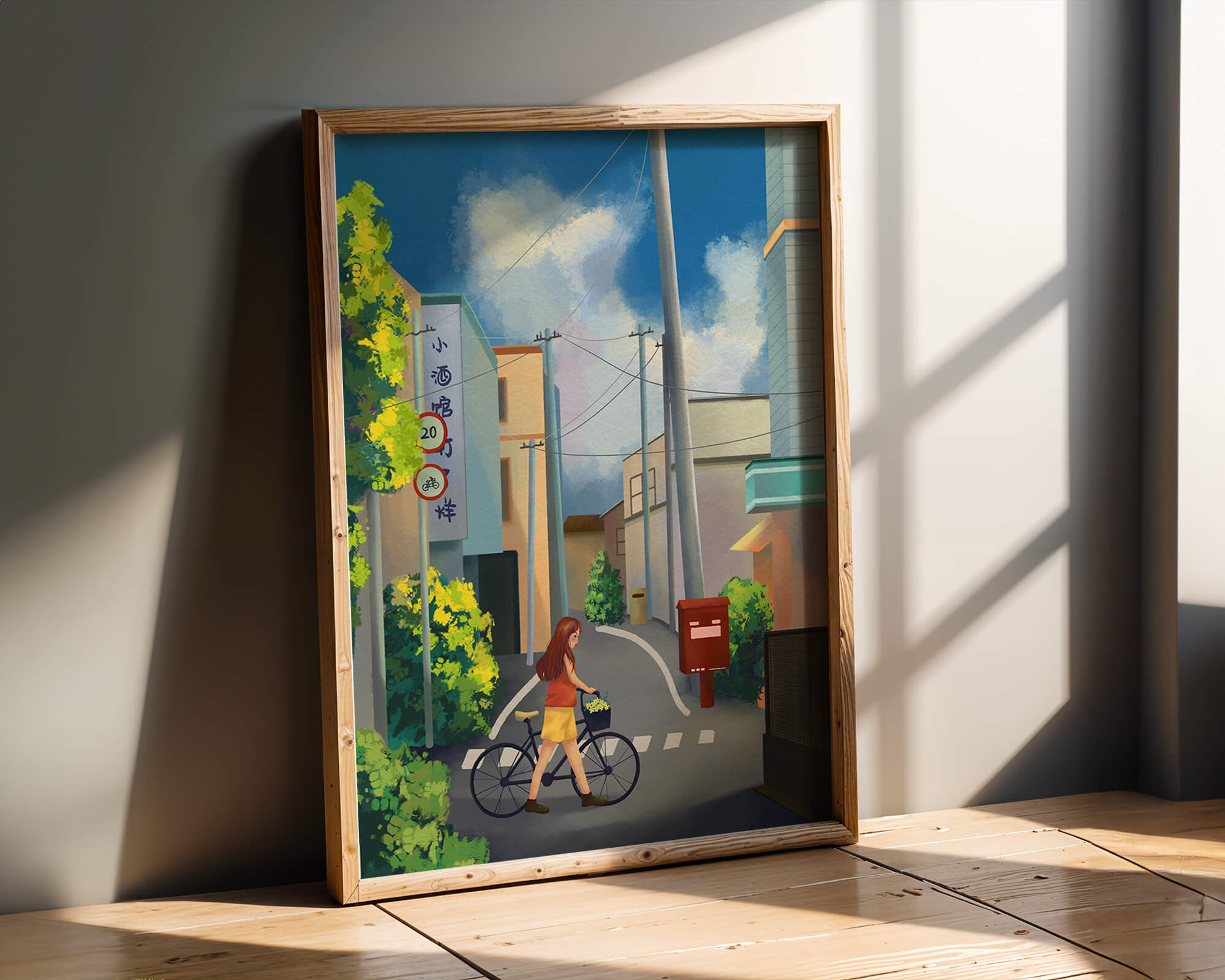 Young woman with bicycle in a quiet urban street