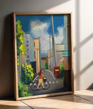 Young woman with bicycle in a quiet urban street