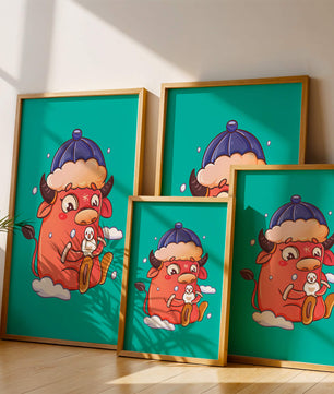 Winter cow cartoon with snowman on turquoise background